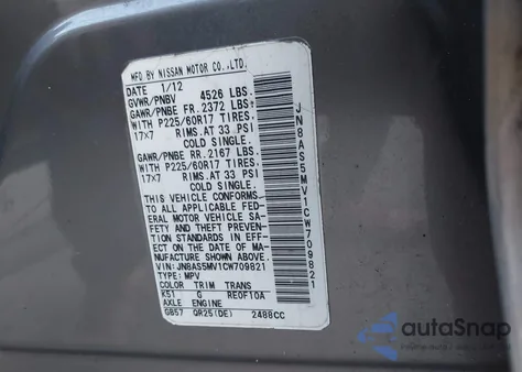 2012 Nissan Rogue Sv z USA, uszkodzony, nr VIN JN8AS5MV1CW709821